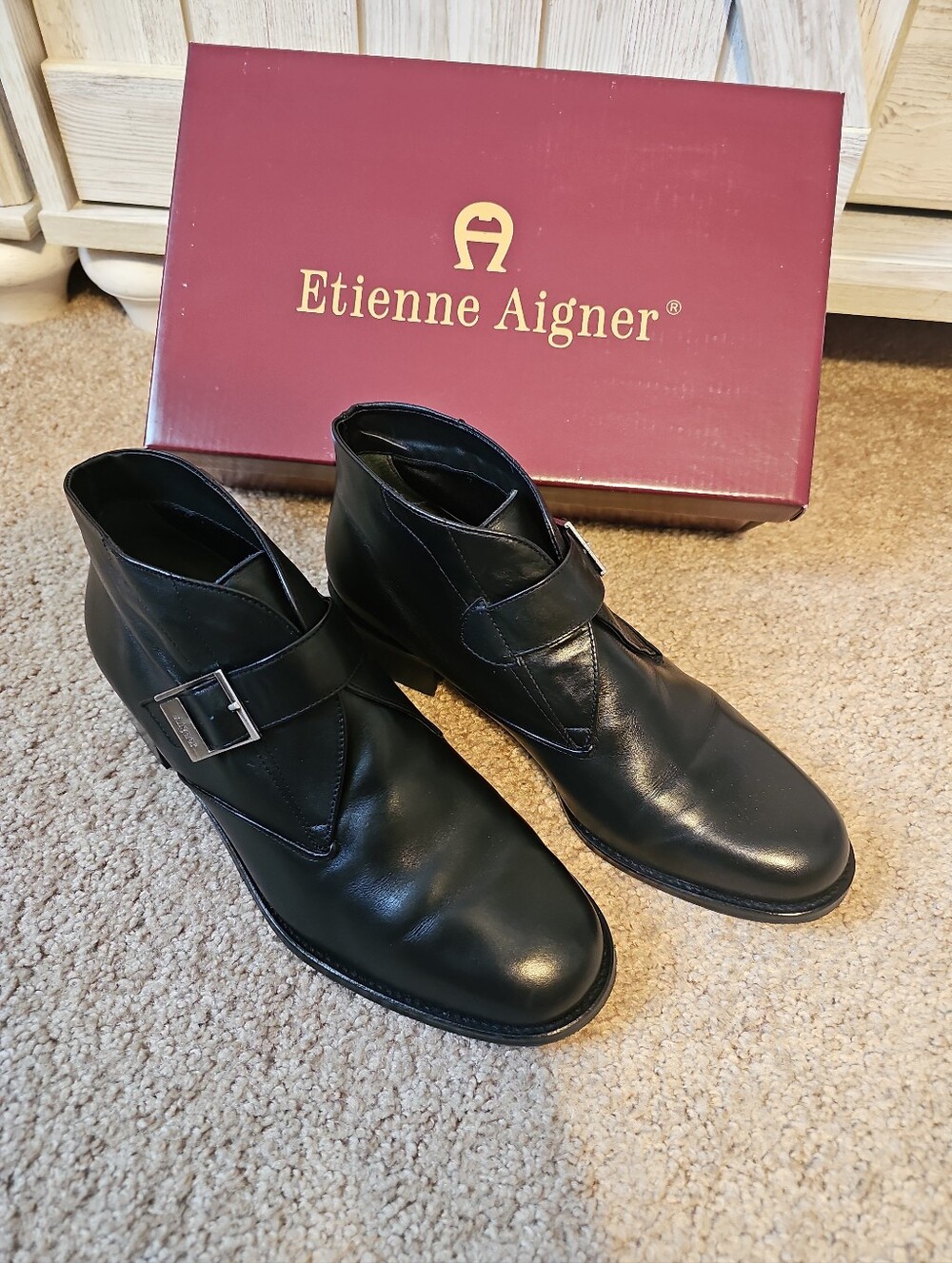 Etienne Aigner Black Leather Monk Strap Ankle Boots Low Block Heel 9W